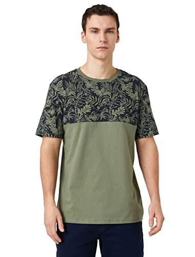 Koton Męski T-shirt z nadrukiem liścia Crew Neck Short Sleeve, Khaki (871), S