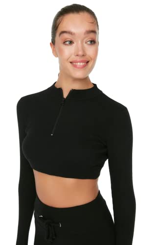 Trendyol Damska odzież sportowa Crop Standard Stojący Kołnierz Dzianinowa Bluzka, Czarny, L