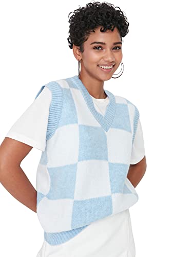 TRENDYOL Damska bluza z wzorem kwadratowym, niebieska, M, niebieski, M