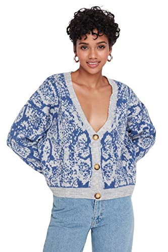 Trendyol Damski sweter oversize standardowy dekolt w serek dzianinowy sweter, Szary, L