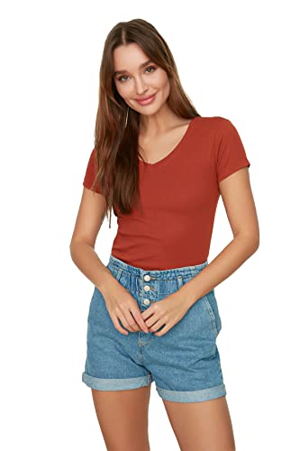 TRENDYOL Damska koszulka basic, krój slim fit, basic, dekolt w serek, dzianina, Brick, XS