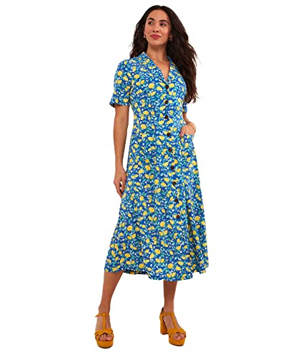 Joe Browns Damska pogrubiona sukienka herbaciana z nadrukiem cytryny w kształcie litery V w stylu vintage, niebieska, 6, NIEBIESKI, 32