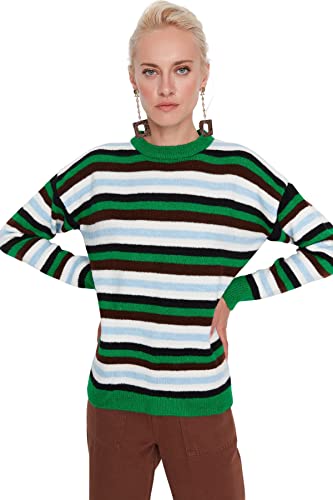 Trendyol Damska bluza oversize z okrągłym dekoltem w paski, szmaragdowa, M, zieony (Szmaragdowa zieleń)