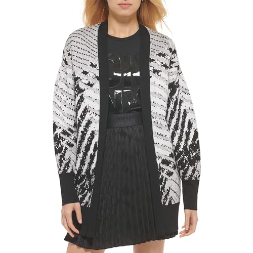 DKNY Damski sweter z otwartym przodem, z zamkiem błyskawicznym, Black/Ivory/Flint Heather Grey, XS