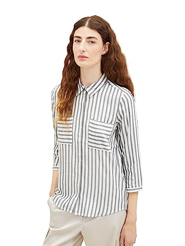 TOM TAILOR Damska bluzka basic z paskami i kieszeniami na piersi, 30577-Navy White Vertical Stripe, 42
