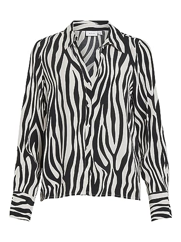 Vila Damska bluzka Vifini Button L/S Shirt-Noos z długim rękawem, Black/Aop: elino W. White Sand, 38