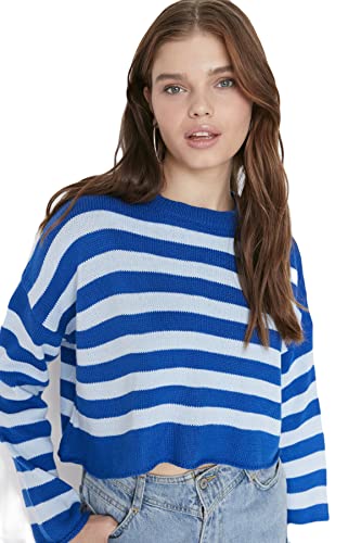 Trendyol Damska bluza z okrągłym dekoltem, zwykły sweter z okrągłym dekoltem, królewski niebieski, M, Królewski błękit