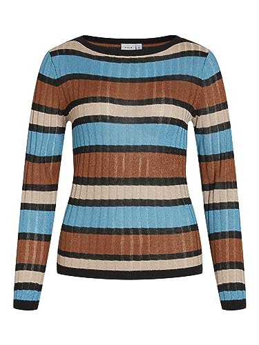 Vila VIEMBER New L/S Glitter Knit Top/SU, Tahitian Teal/Stripes:doeskin/Caramel Cafe/Black, S