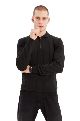 Trendyol Męska bluza polo z dekoltem gładki wąski sweter bluza, Czarny, M