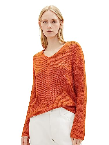 TOM TAILOR Damski sweter Basic z dekoltem w serek, 32403-Gold Flame Orange Melange, XS