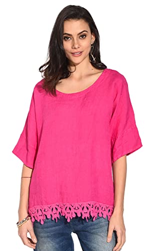 Bonateks damska top 100% lniana tunika Made in Italy, okrągły dekolt z falbanką, malinowa, rozmiar: S, malina, S