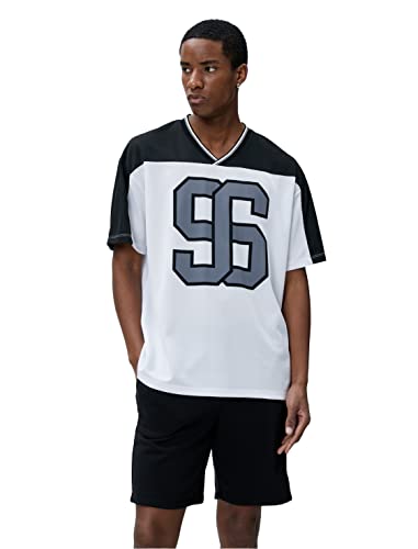 Koton Koszulka męska Oversized Varsity Printed V Neck Multicolor Short Sleeve T-Shirt, biały (000), S