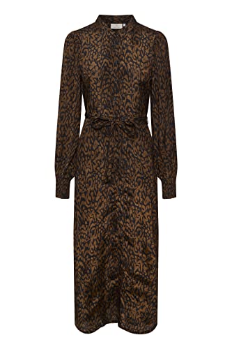 Damska koszula KAFFE Maxi Tie Waist Printed Długi rękaw, Brązowa grafika nadruk tekstury, 42