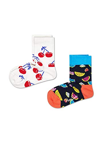 Happy Socks Fruit Socks, kolorowe i zabawne, Skarpety dla dzieci, Czarny-Biały-Czerwony 2 pary (7-9Y)