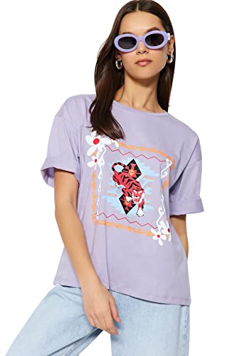 Trendyol Damska koszulka z dzianiny z okrągłym dekoltem, liliowy, XS