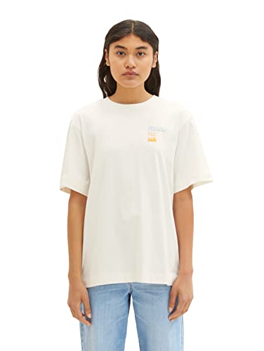 TOM TAILOR Denim Damska koszulka oversize z nadrukiem, 10348 - Gardenia White, XL