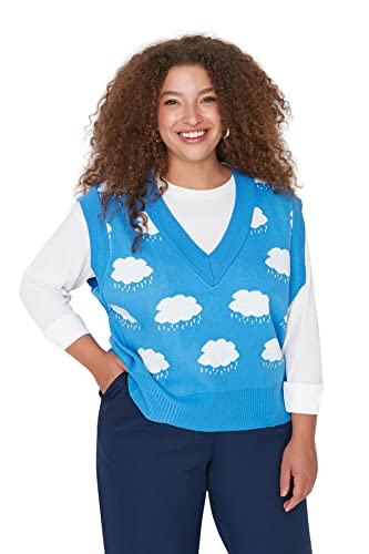 Trendyol Damski sweter z dekoltem w serek Galaxy Oversize Plus Size, niebieski, XL, NIEBIESKI, XL