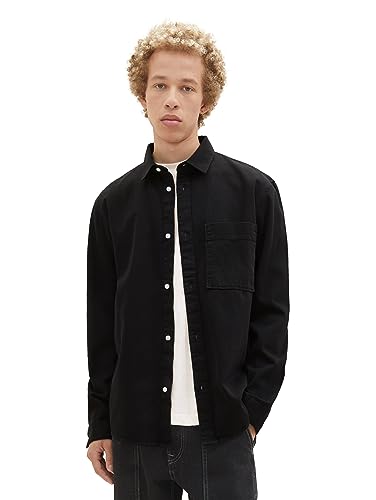 TOM TAILOR Denim Męska koszula typu twill z bawełny z kieszenią na piersi, 29999-czarny, S