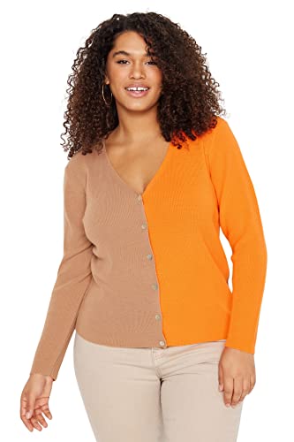 Trendyol Kobiety Plus Size Regular Fit Basic V Neck Dzianina Plus Size Kardigan, Wielbłądzi, 4XL, Wielbłądzi, 4XL Duże rozmiary