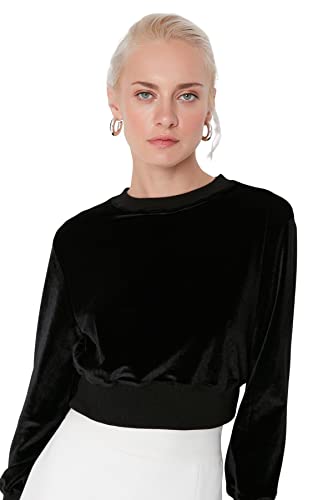 TRENDYOL Damska bluza podkreślająca figurę, standardowa, okrągły dekolt, dzianina, czarny