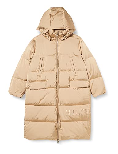Tommy Hilfiger Damskie satynowe puchowe płaszcze z kapturem, maxi, beżowe, 3XL, BEŻOWY, 3XL