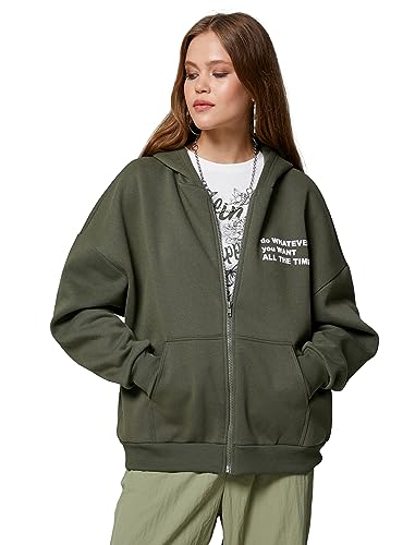 Koton Damska bluza z kapturem z zamkiem błyskawicznym, khaki (853), m