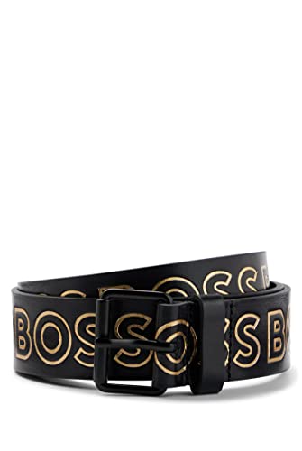 BOSS Męski pasek Scott G Sz35 garbowany skórzany ze złotym konturem logo, Black1, 110
