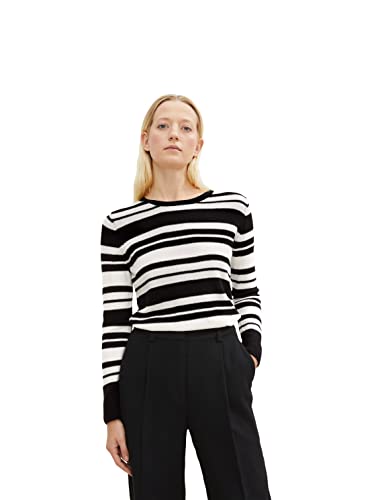 TOM TAILOR Damski Sweter z dzianiny bawełnianej 1034460, 30948 - Offwhite Black Stripe, M