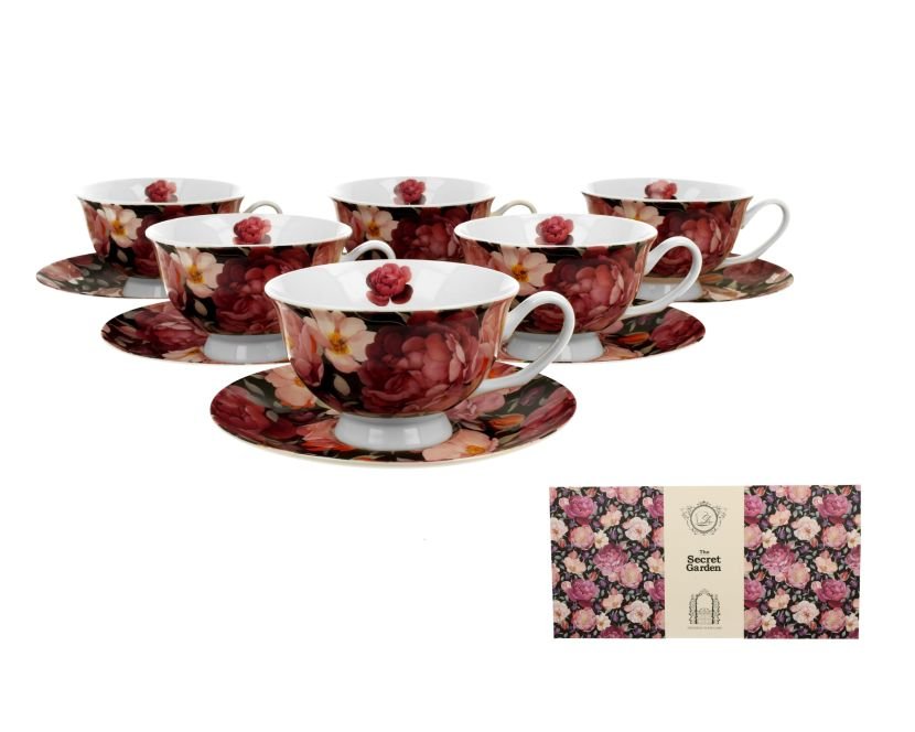 DUO Gift, 6 filiżanek royal ze spodkami, SPRING ROSES BLACK