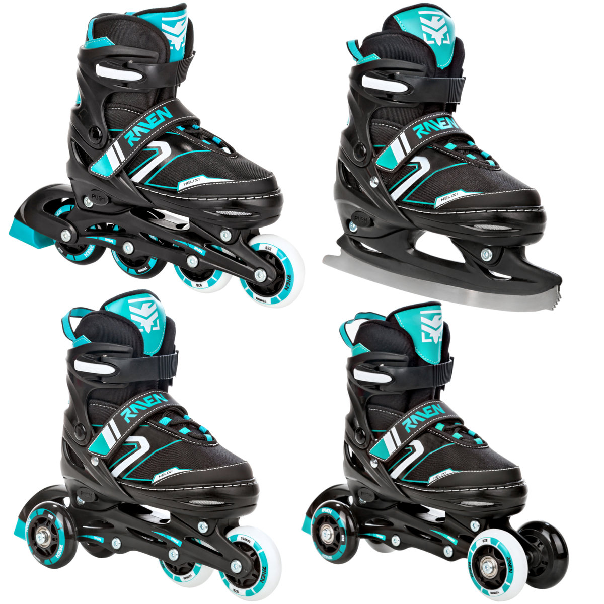 Rolki Łyżwy Wrotki 4W1 Regulowane Raven Helixi Black/Mint 38-42 Kółka Led
