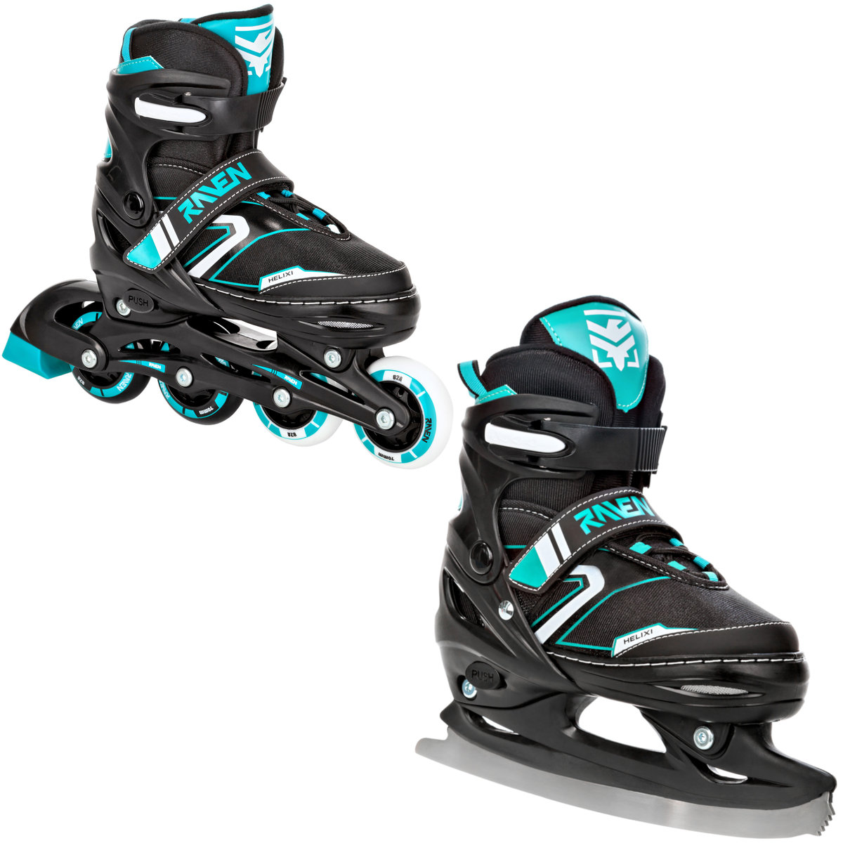Rolki Łyżwy 2W1 Regulowane Raven Helixi Black/Mint 34-37 Kółko Led