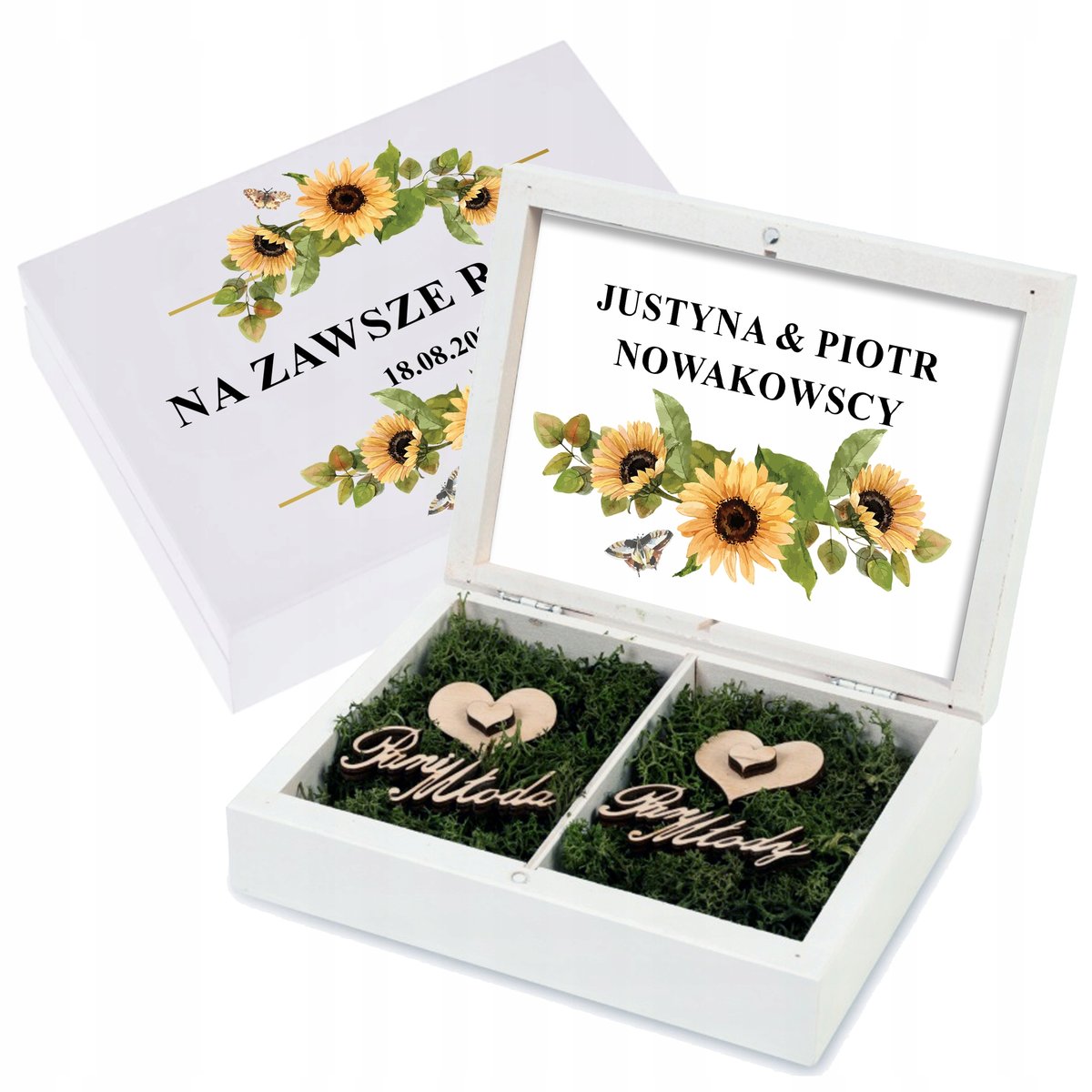 DREWNIANE PUDEŁKO OBRĄCZKI NADRUK ŚLUB SŁONECZNIK