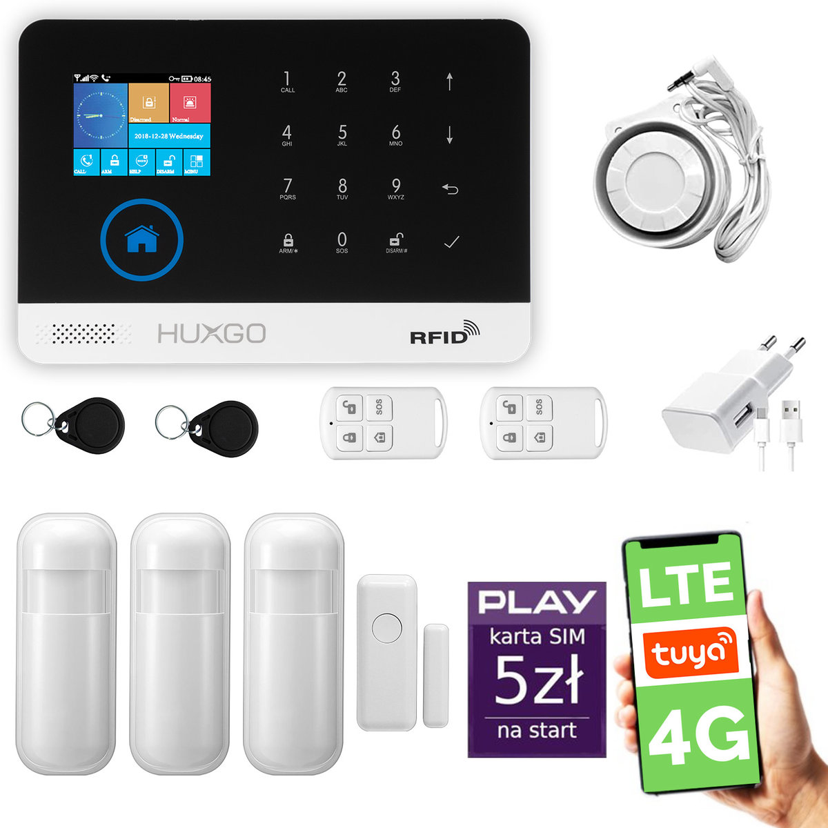 Alarm bezprzewodowy WiFi + GSM 4G LTE - system alarmowy HUXGO HXA003 4G B R3 PS z aplikacją TUYA + syrena przewodowa/ HUXGO