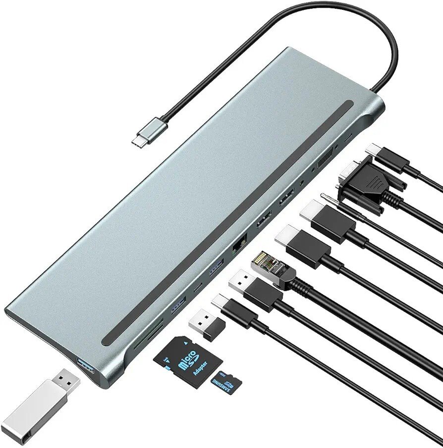 HUB ADAPTER 12W1 - 2x HDMI 4K VGA 3x USB 3.0 RJ-45 (Fast Ethernet) mini JACK USB-C