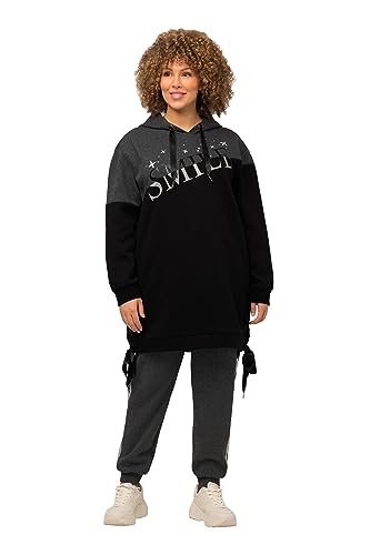 Ulla Popken Damska bluza z długim rękawem satynowym sznurowana Smile, dzielona bluza, czarny, 46-48 duże rozmiary