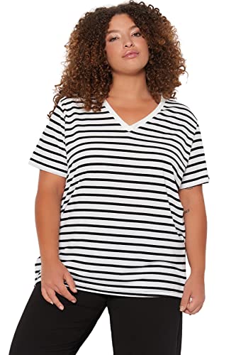 Trendyol Damska koszulka z dzianiny typu boyfriend z dekoltem w serek w rozmiarze plus size, Czarny, biały, 4XL Duże Rozmiary