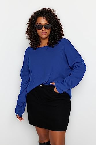 Trendyol Damski sweter z dzianiny o regularnym kroju z dekoltem w serek plus size, Saksofon, XXL