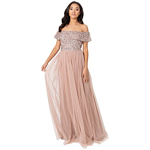Maya Deluxe Damska sukienka Bardot dla kobiet maxi zdobiona wysoka talia imperium, bez rękawów, tiul na wesele, studniówkę z okazji ukończenia szkoły, Szarobrązowy róż, 40
