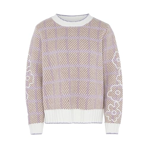 Fenia Damski sweter z rękawami z dzianiny z kwiatowym karo w kontrastowym kolorze taupe rozmiar XL/XXL, szarobrązowy, XL