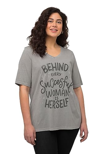 Ulla Popken Damska koszulka z dekoltem w serek, nadruk Caviar, jasnoszary melanż, 62/64