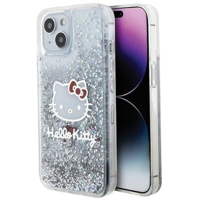 Etui HELLO KITTY Liquid Glitter Charms do Apple iPhone 15 Srebrny