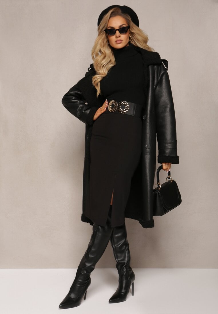 Czarna Ołówkowa Spódnica Midi z Rozcięciem Arathora