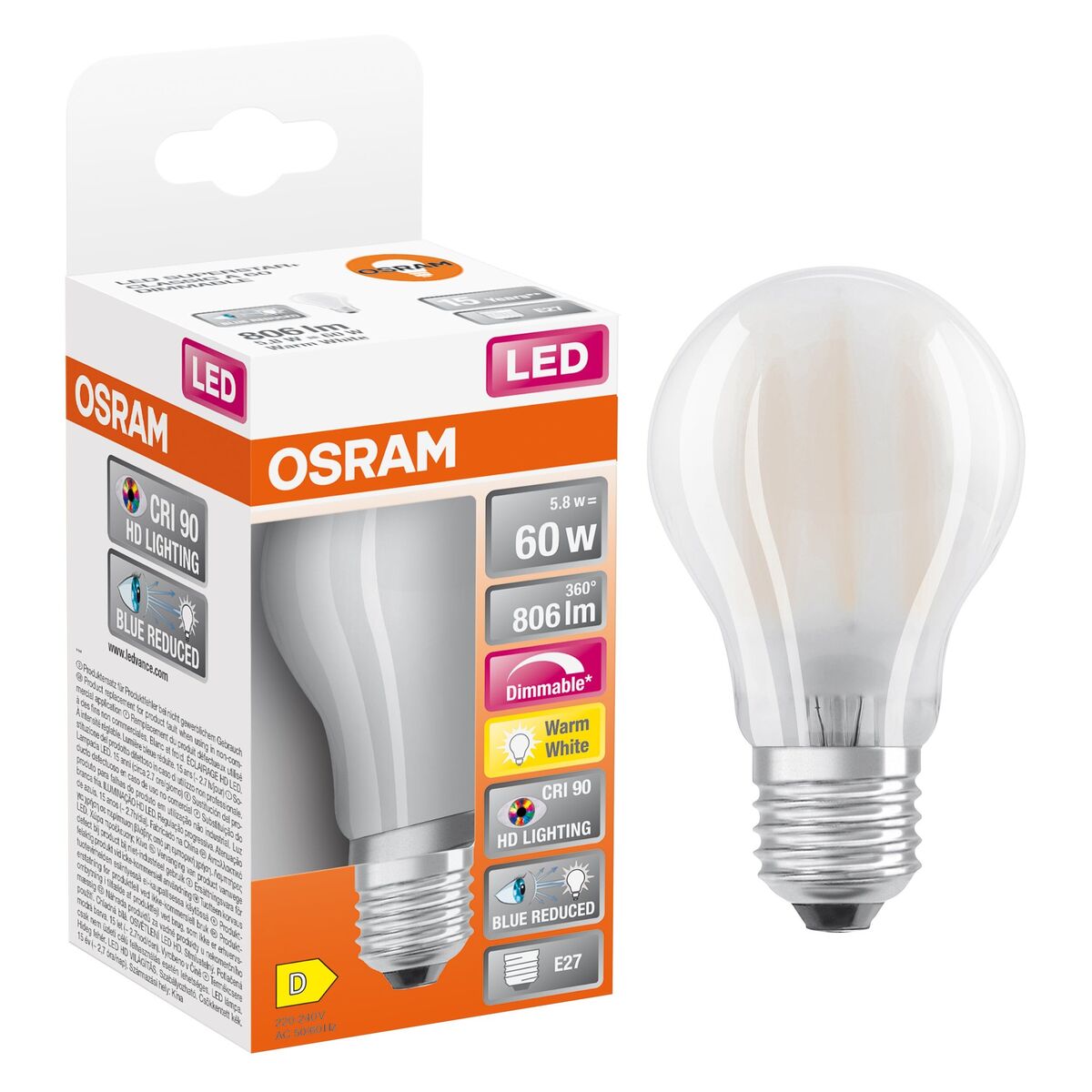Żarówka LED E27 5,8 W 806 lm Ciepła biel Osram