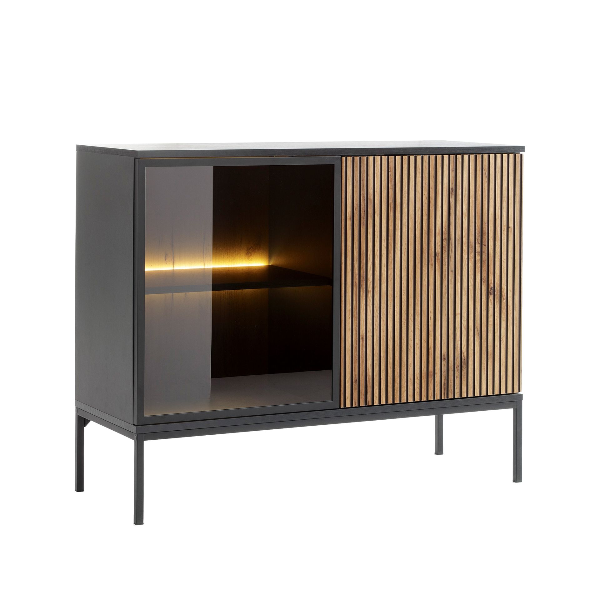 Komoda K104 z Oświetleniem Sento Piaski Meble Czarny Grafit, Dąb Wotan