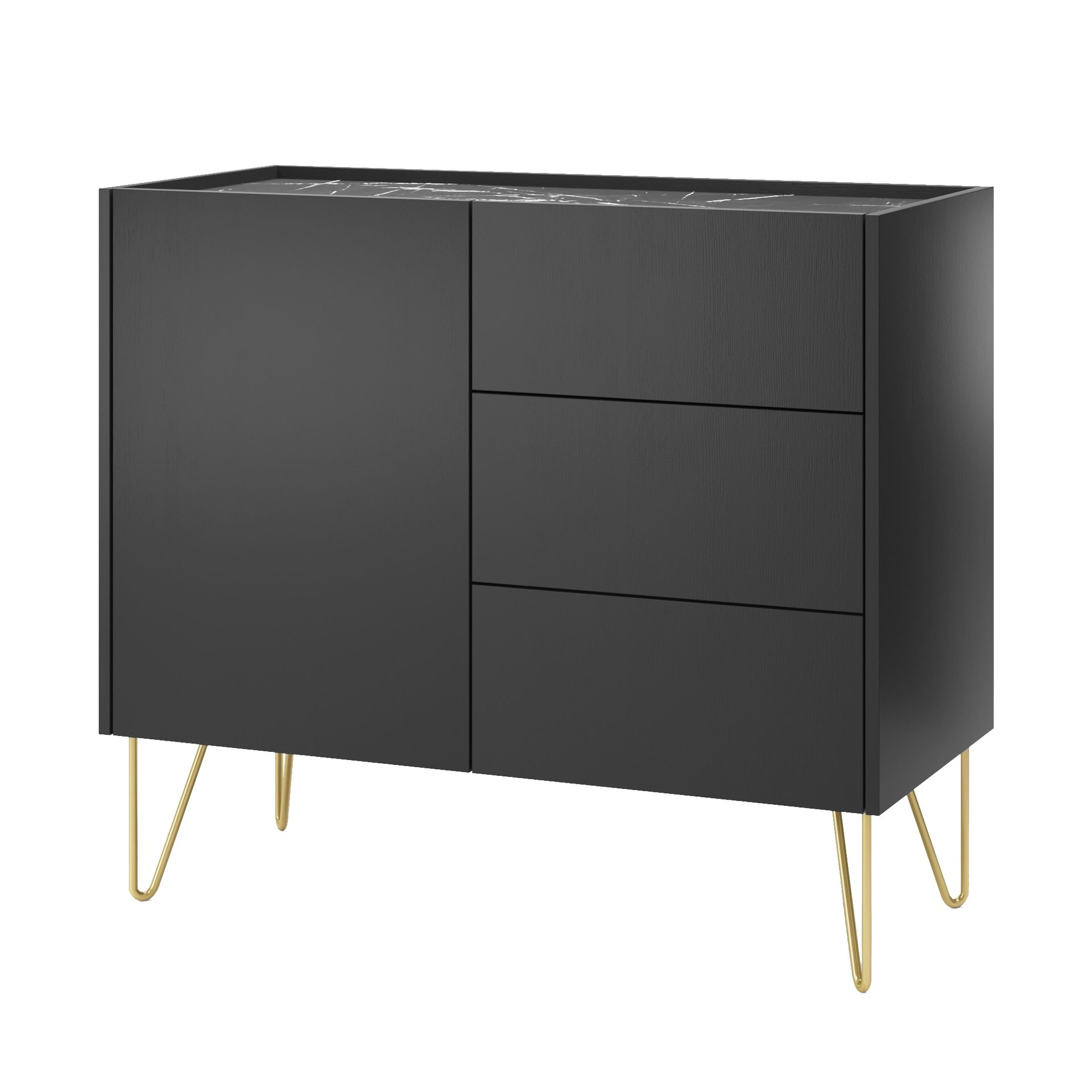 Komoda KSZ97 Harmony Piaski Meble Czarny Grafit U12007 Struktura Natural Wood, Marmur Black Royal S63052