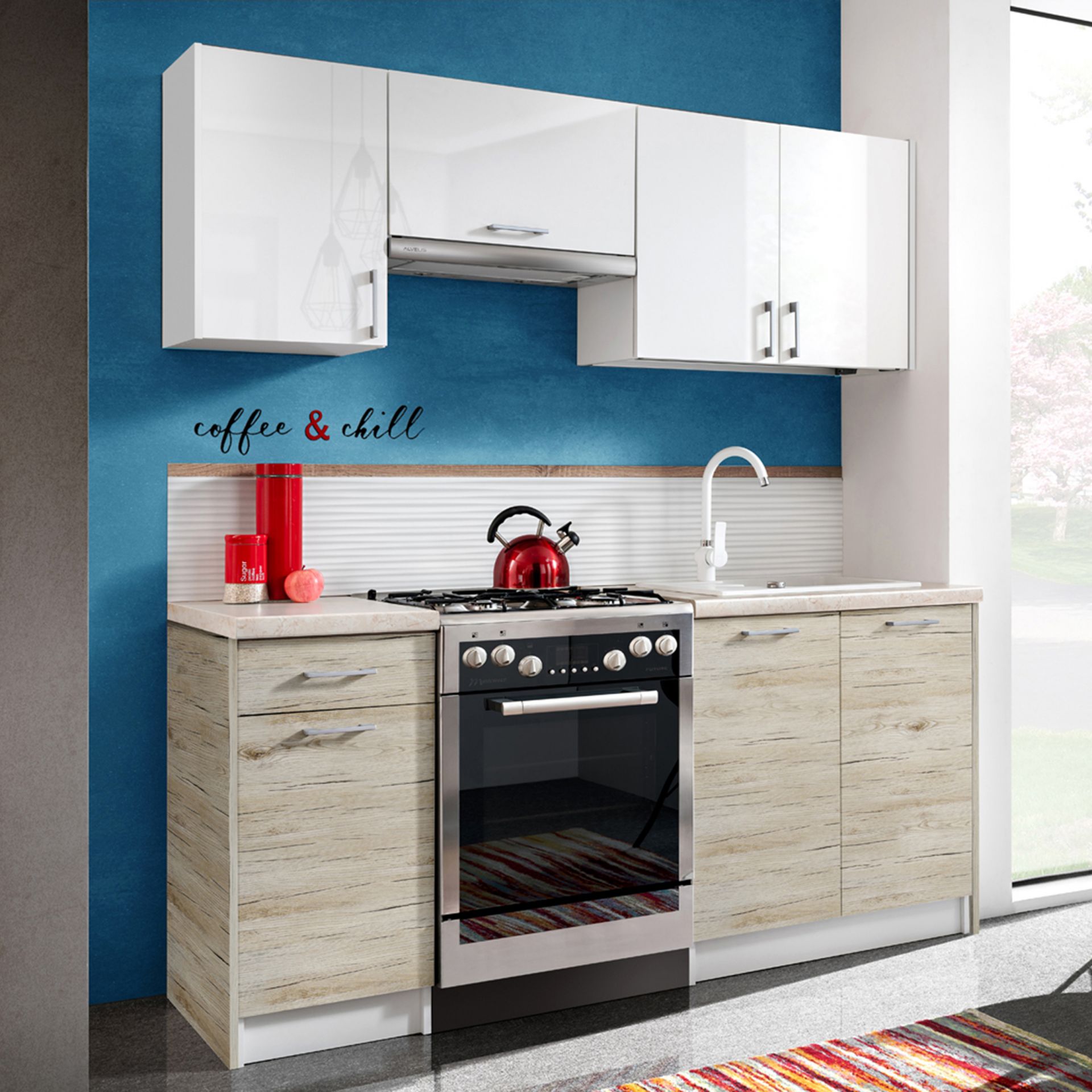 Zestaw Mebli Kuchennych 1,8 m Ecomodel Layman Dąb Bordeaux, Czarny Połysk, Biały Mat