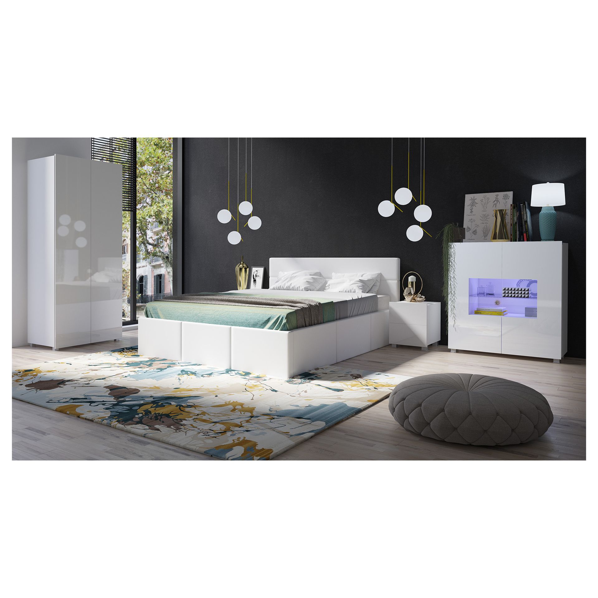 Zestaw Mebli do Sypialni 19 Calabrini Calabrini GIB Meble Biały Mat / Biały Połysk, Czarna Ekoskóra