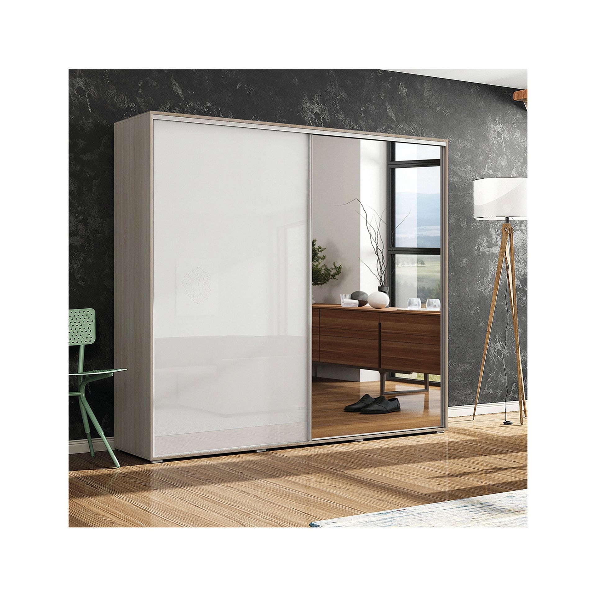 Szafa Przesuwna 100 A7 Skąpski Meble Sonoma, 245 Cm, Craft Złoty, Biały Połysk