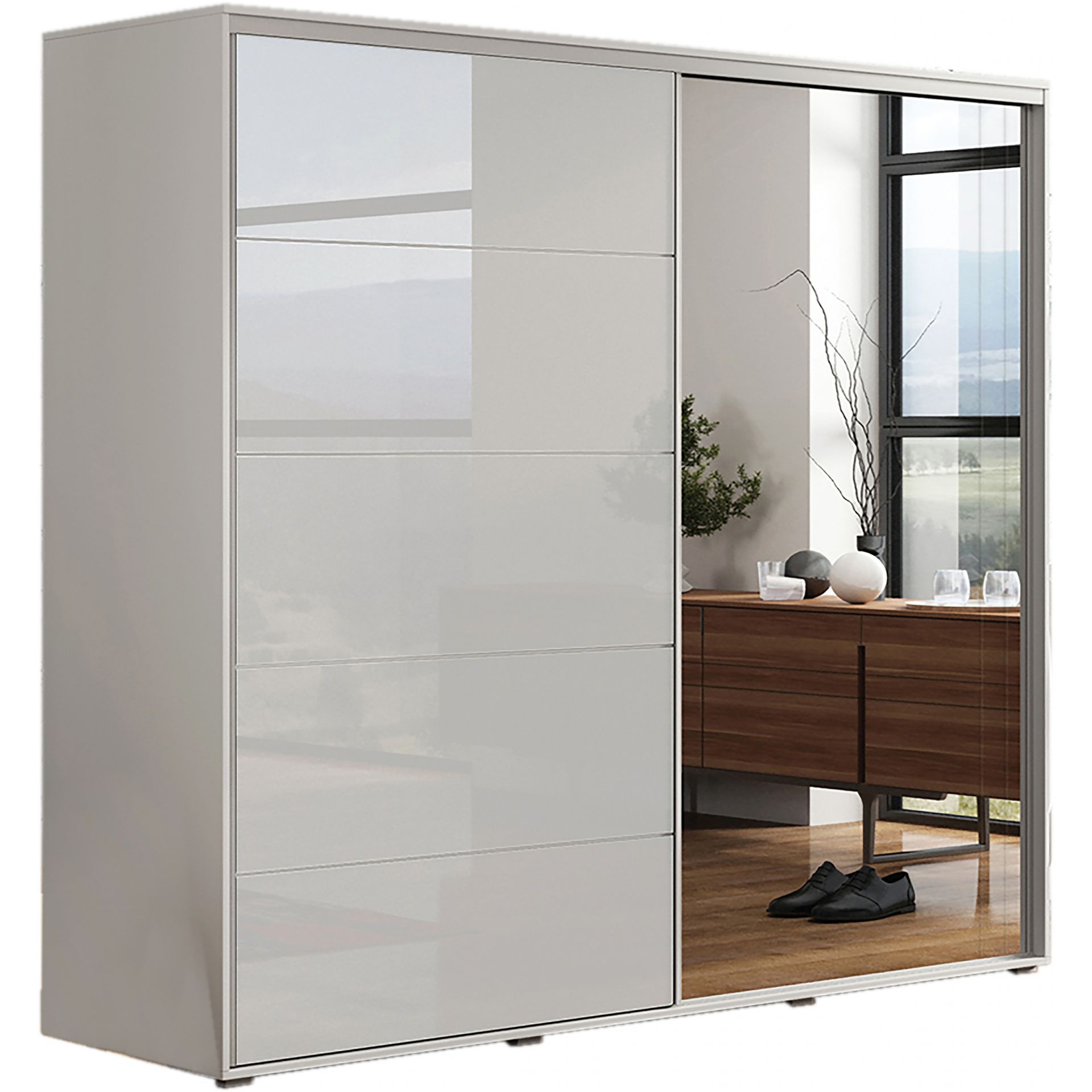 Szafa Przesuwna 200 z Lustrem A11 Skąpski Meble Sonoma, Biały Mat, 245 Cm, Czarny