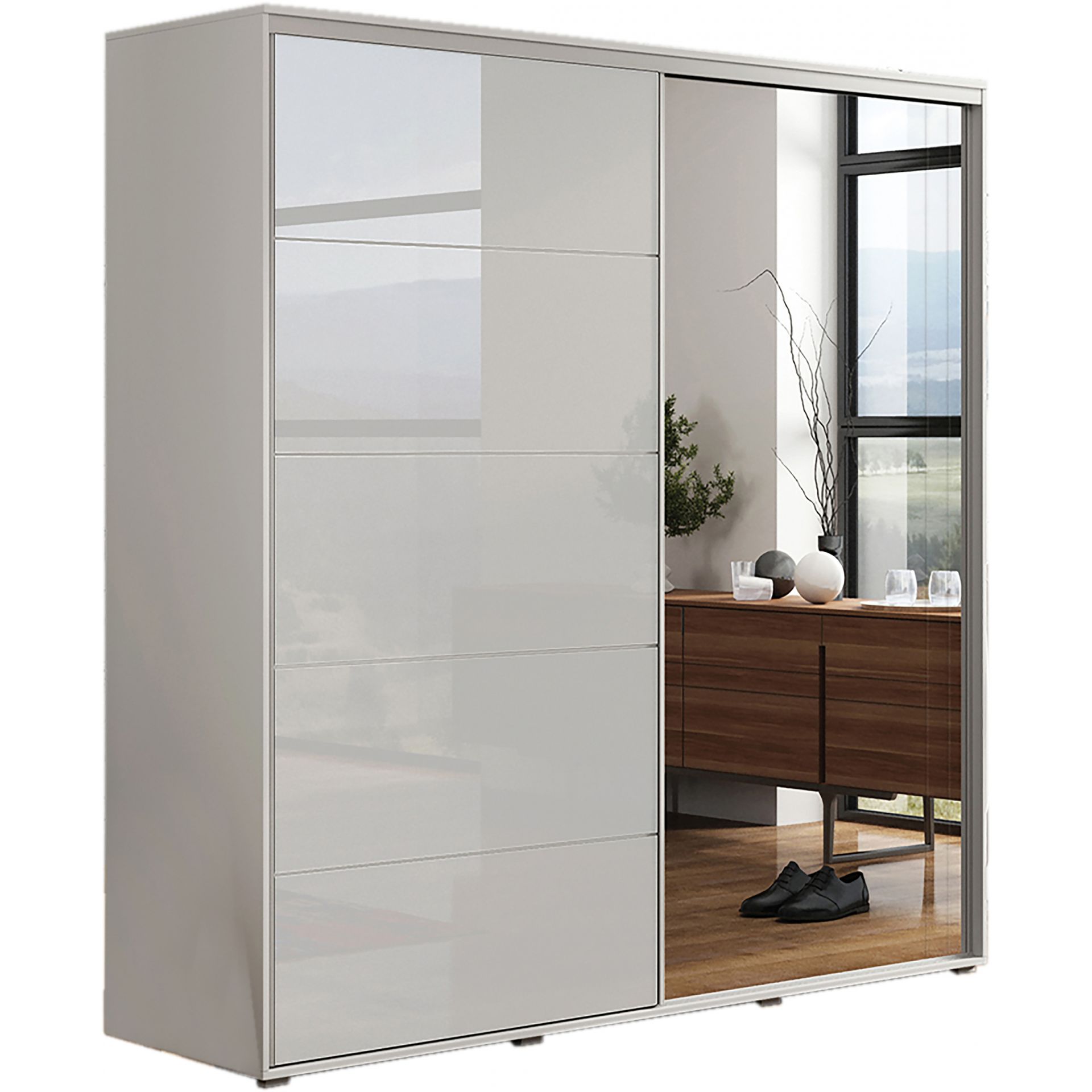 Szafa Przesuwna 175 z Lustrem A11 Skąpski Meble Sonoma, Biały Mat, 245 Cm, Czarny